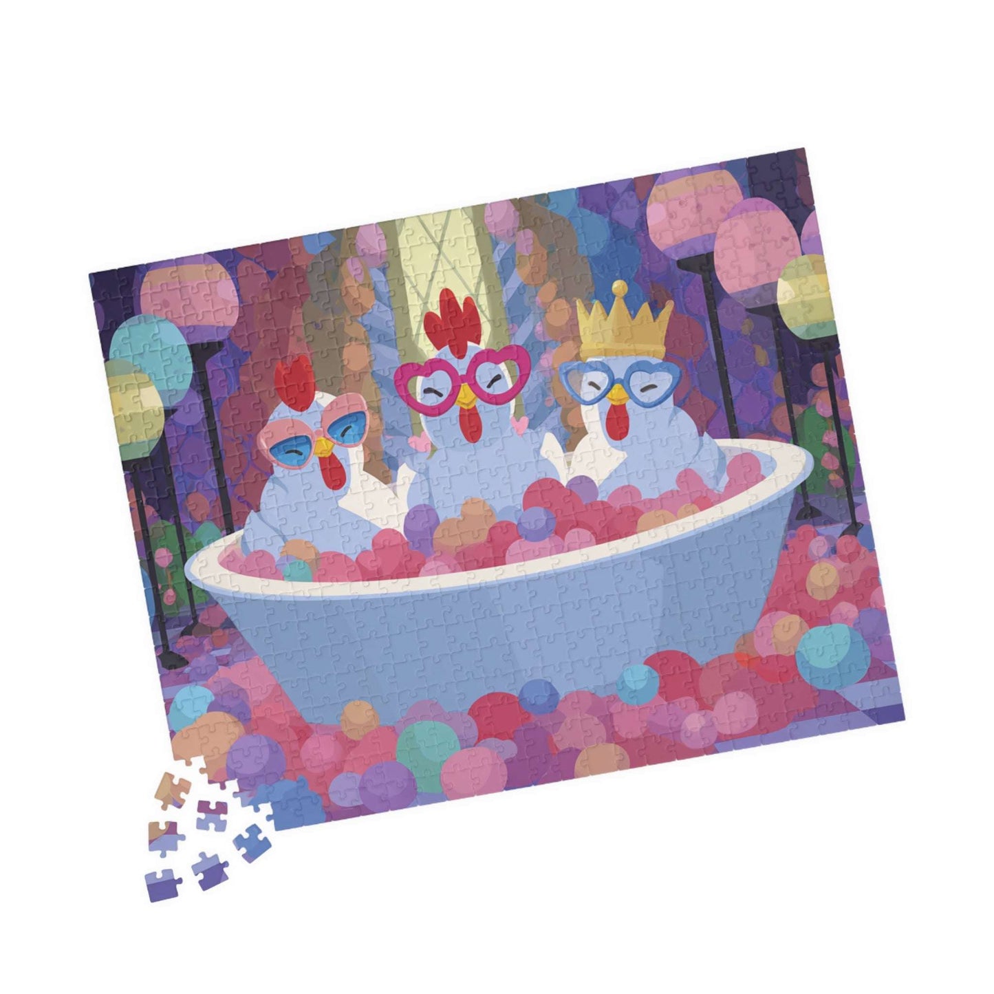 Bubblegum Chicken Puzzle – Quirky Chickens in Candy Spa Bath with Pink Foam, Whimsical Fairy-Tale Jigsaw Puzzle 520 pcs (Horizontal) Puzzle The Puzzle Chest