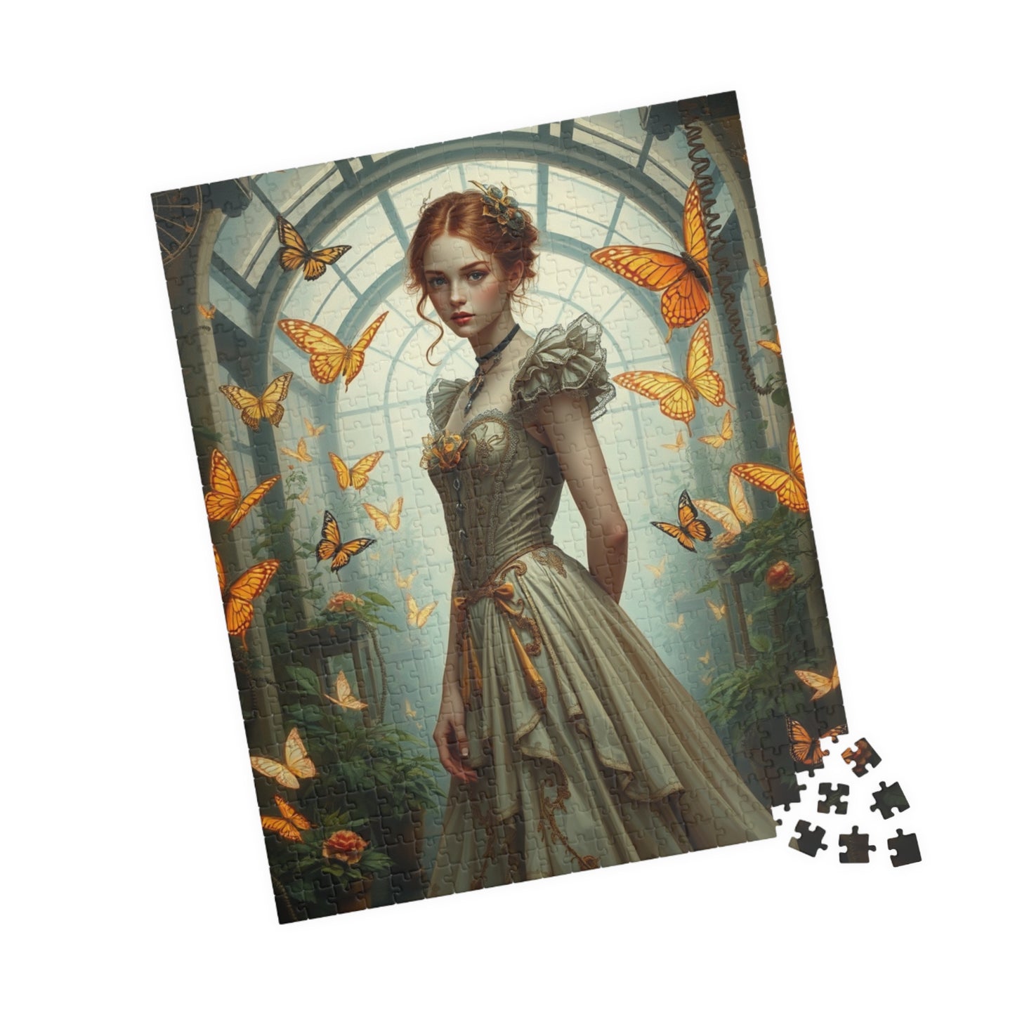 Puzzle, Steampunk Woman Futuristic Greenhouse Mechanical Butterflies Plants 520 pcs (Vertical) Puzzle The Puzzle Chest