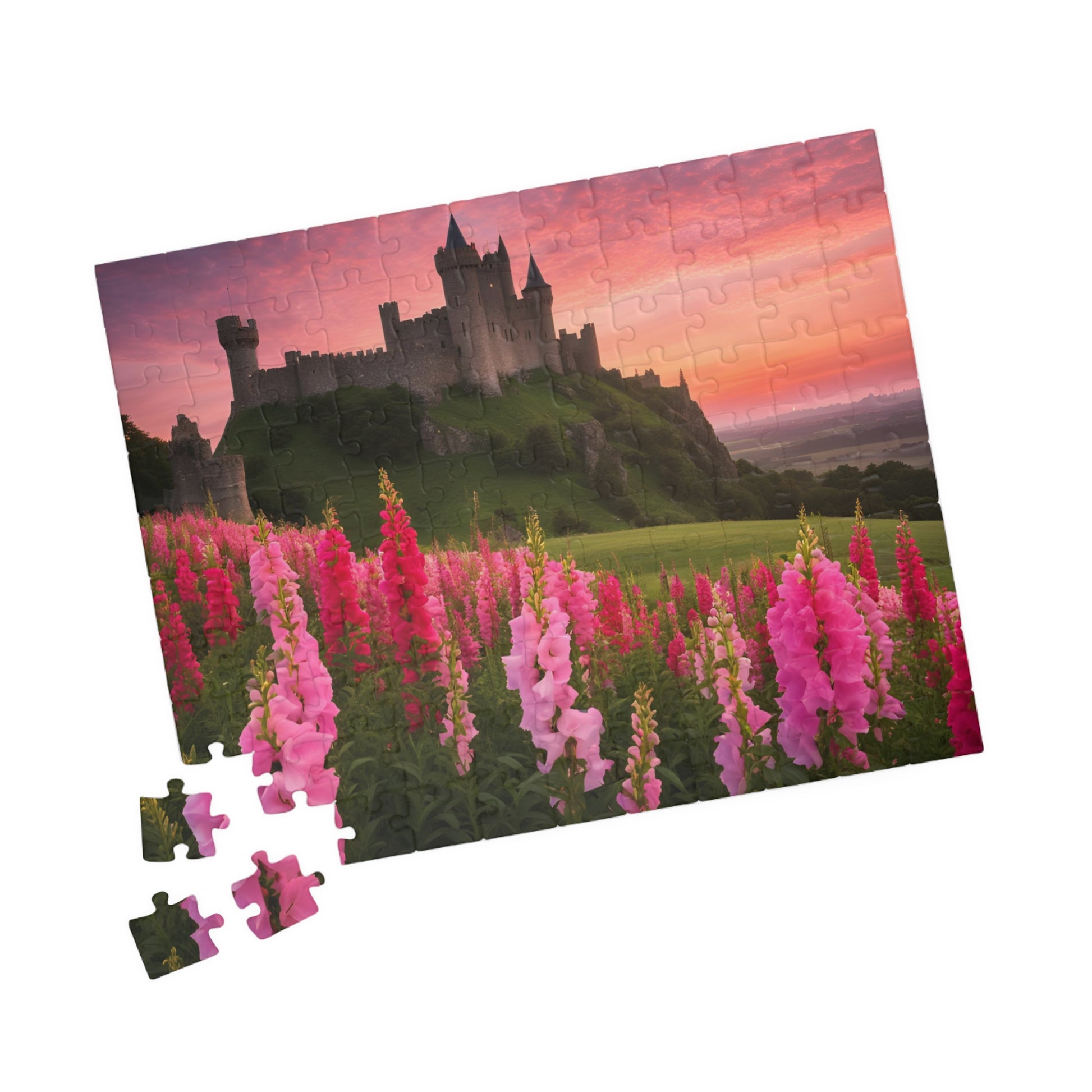 Landscape Jigsaw Puzzle - Snapdragon Meadow, 110-1014 Piece, Pink Sunset Castle Field, Relaxing Challenging Puzzle for Puzzle Lover, Gift Puzzle The Puzzle Chest