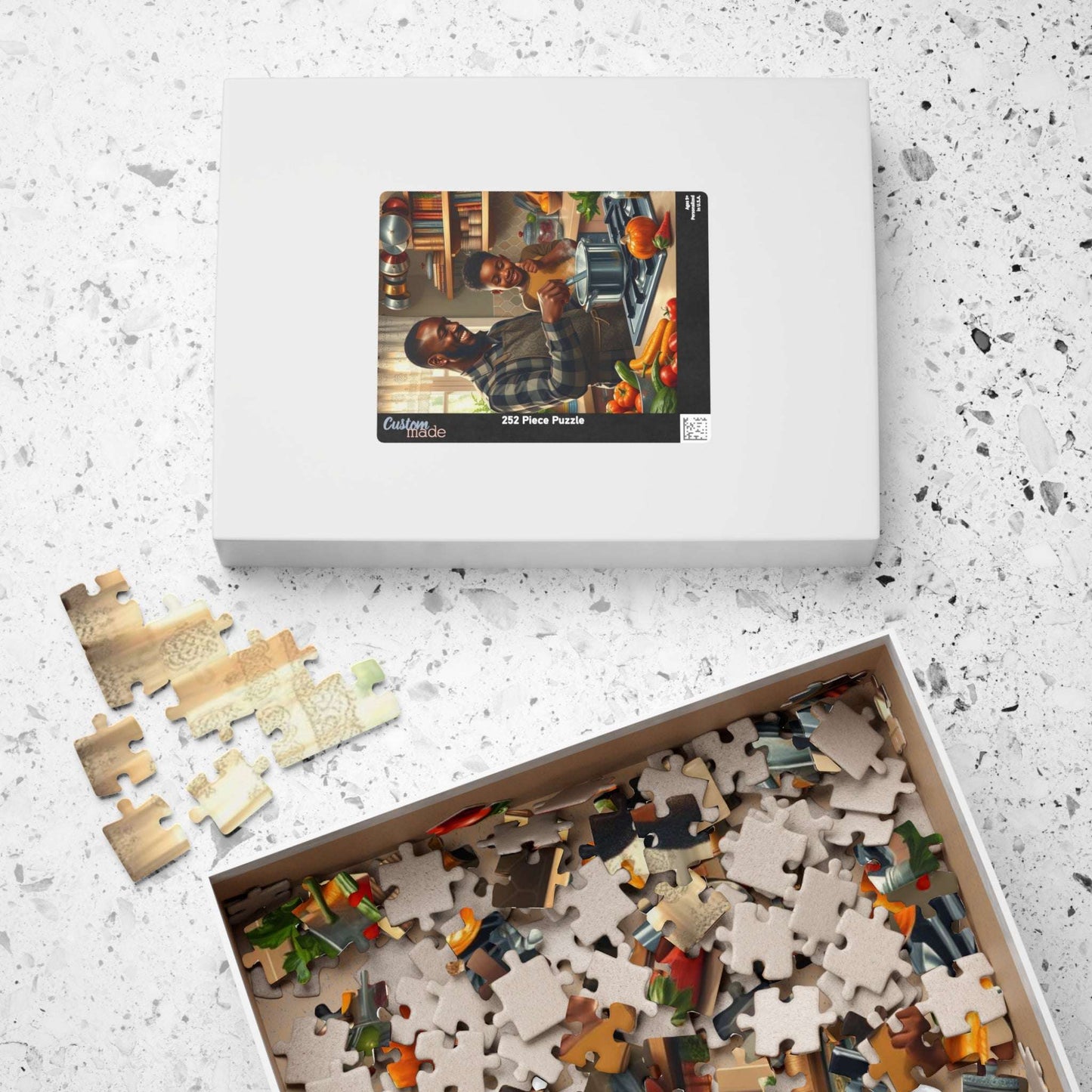 Black Family Cooking Jigsaw Puzzle - African American Father and Son Kitchen Scene, Afrocentric Art Puzzle The Puzzle Chest