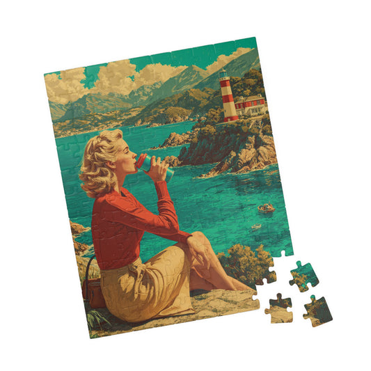 Vintage Coastal Jigsaw Puzzle – 1950s Seaside Travel Poster with Lighthouse Retro Ocean View 110 pcs (Vertical) Puzzle The Puzzle Chest