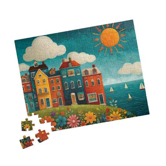 Seaside Village Jigsaw Puzzle - Coastal Ocean Scene, Colorful Beach Town with Bright Flowers, Sailboats, and Sun 110 pcs (Horizontal) Puzzle The Puzzle Chest