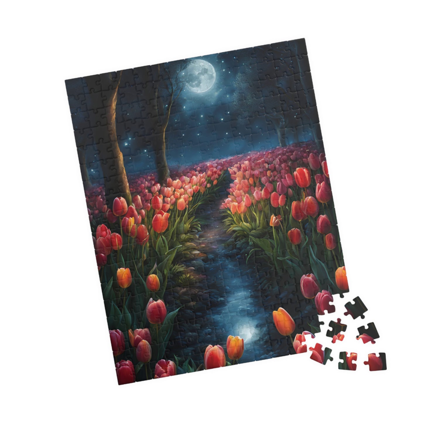 Magical Nighttime Tulip Puzzle, Peaceful Floral Scene Under the Moon, Glowing Flowers and Tranquil River Jigsaw Game, Gift for Nature Lover Puzzle The Puzzle Chest