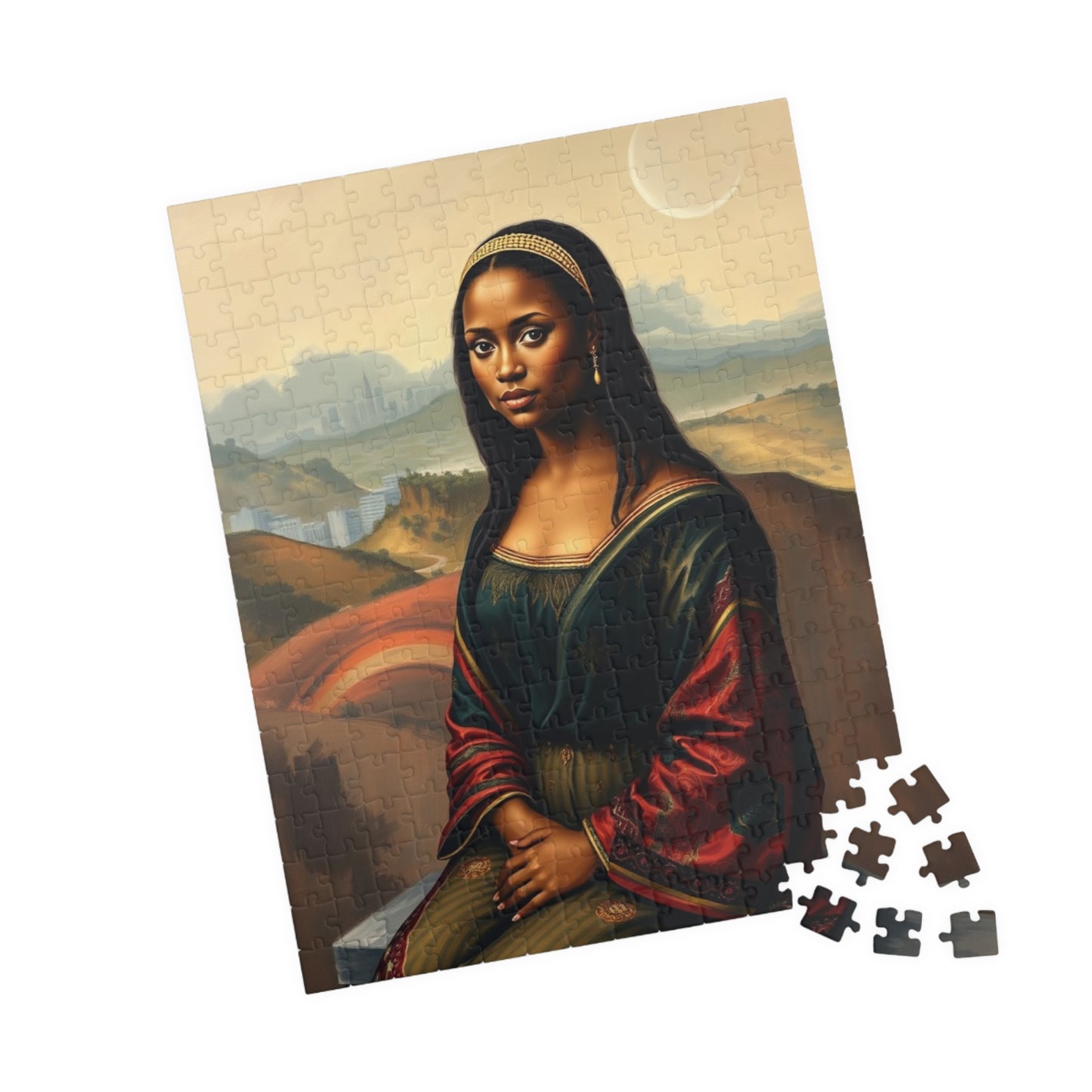 African American Woman Mona Lisa-Inspired Puzzle, Rolling Hills and Cityscape Background Jigsaw Game, Mindful Activity, Puzzle Lover Gift