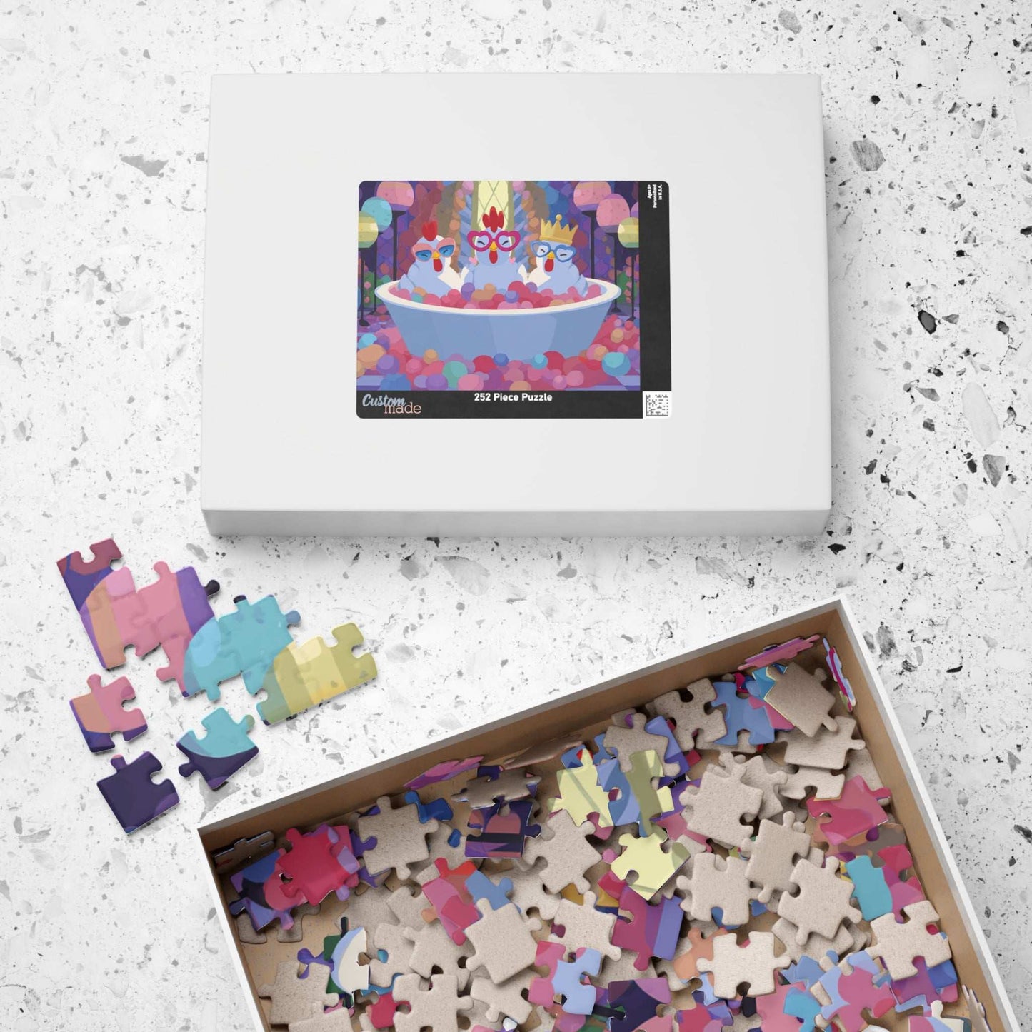 Bubblegum Chicken Puzzle – Quirky Chickens in Candy Spa Bath with Pink Foam, Whimsical Fairy-Tale Jigsaw Puzzle Puzzle The Puzzle Chest