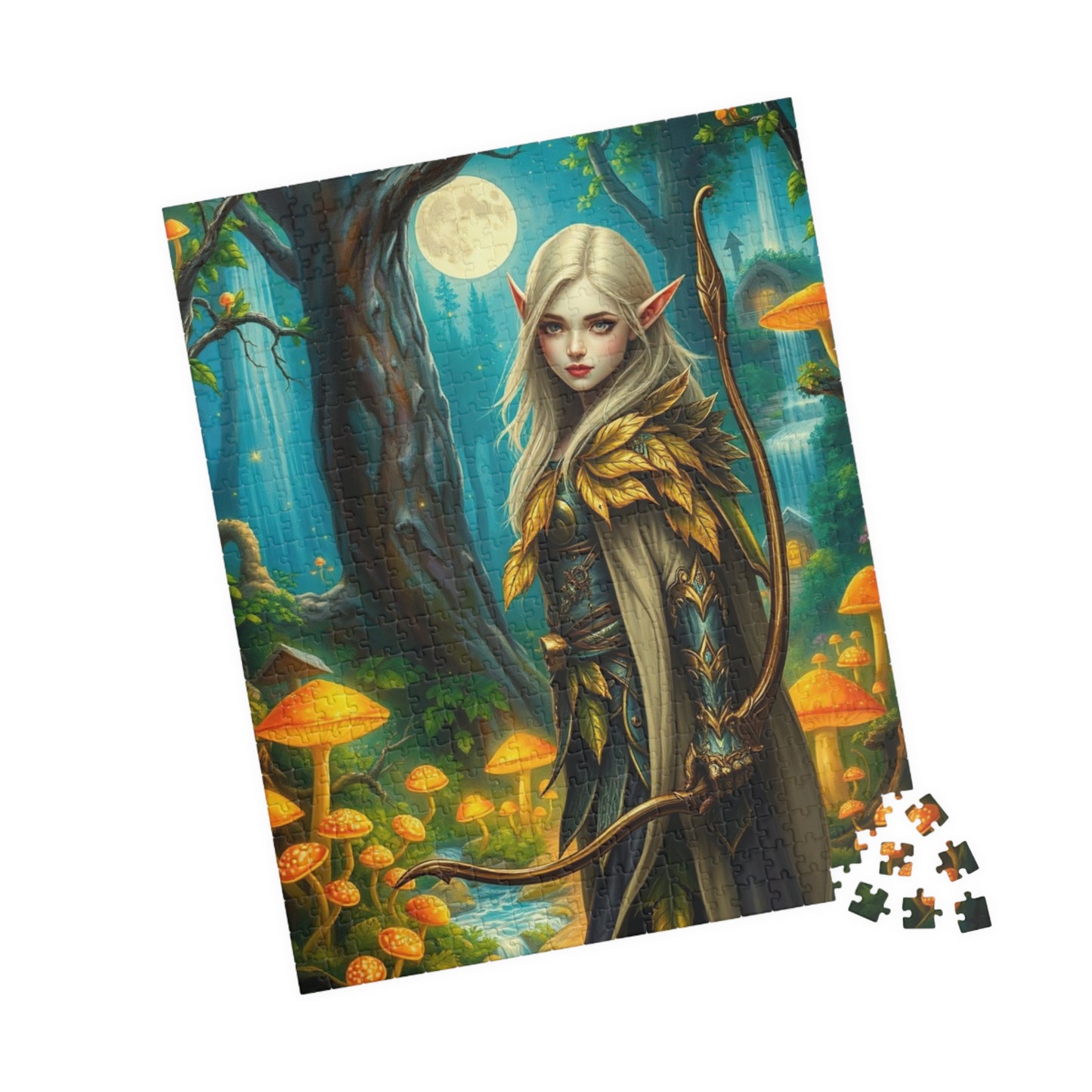 Elf Warrior Enchanted Forest Puzzle, Mystical Scene Glowing Mushrooms Moonlit Waterfalls, Fantasy Art Lover, Best Gift for Puzzle Enthusiast Puzzle The Puzzle Chest