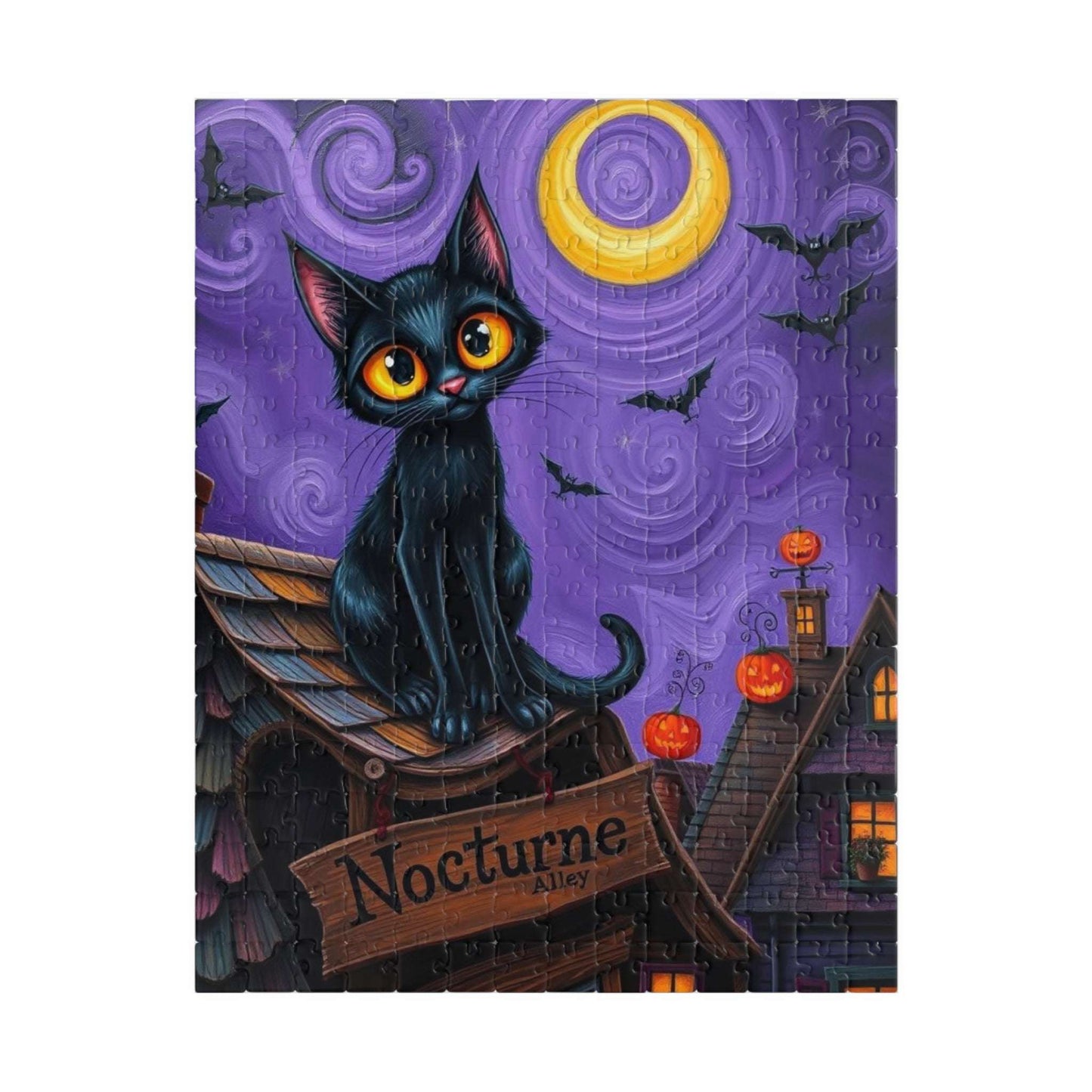 Crooked Rooftop Cat Jigsaw Puzzle, Halloween Black Cat 110, 252, 520, 1014-Piece, Spooky Moon Design, Game Night Activity, Family Fun