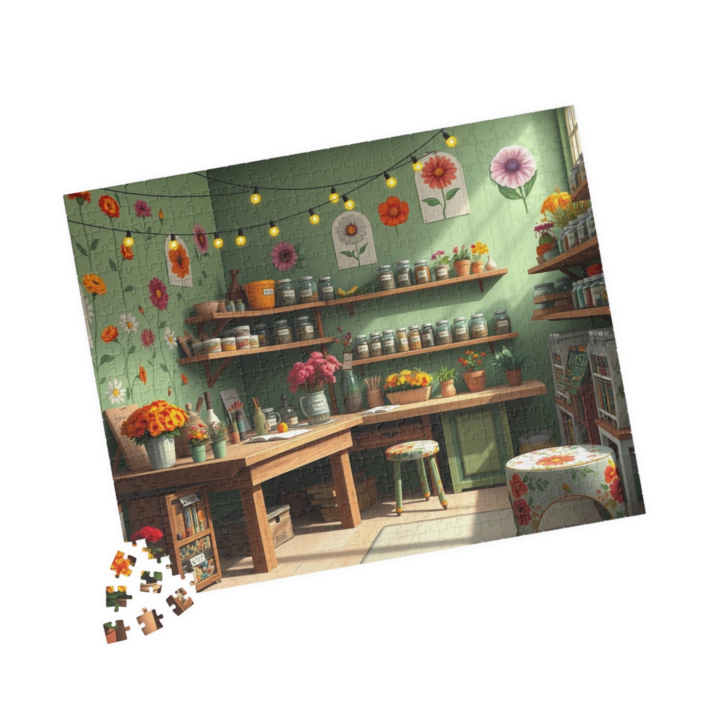 Country Garden Workshop Puzzle (110-1014 Piece), Colorful Flower Illustrations Sage Green Walls and String Lights, Plant Enthusiast Gift Puzzle The Puzzle Chest