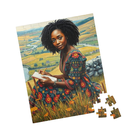 The Sketcher Jigsaw Puzzle - Black Woman Drawing on Hillside, Afrocentric Puzzle Art, African American Artwork 110 pcs (Vertical) Puzzle The Puzzle Chest