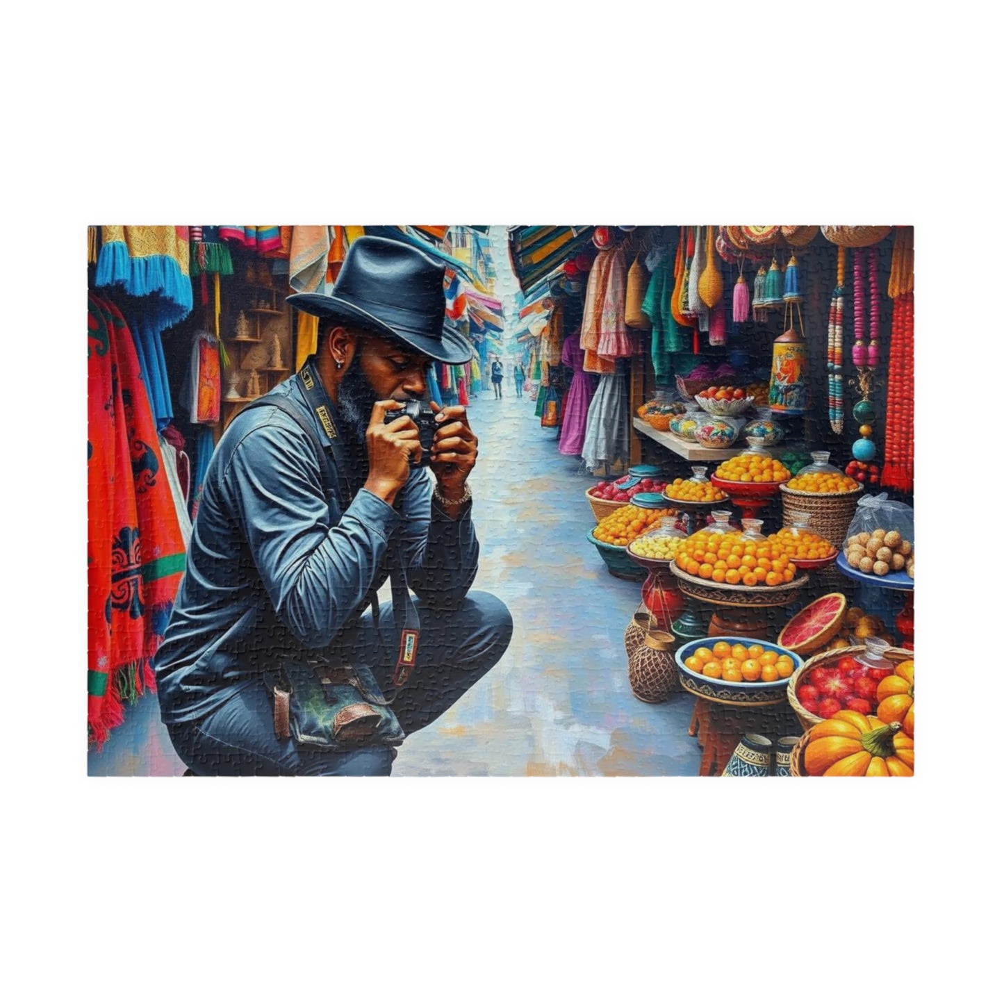 Cultural Street Market Jigsaw Puzzle - Black Man Taking Photographs, African American Art, Gift for Friends, Family Fun, Home Entertainment 1014 pcs (Horizontal) Puzzle The Puzzle Chest