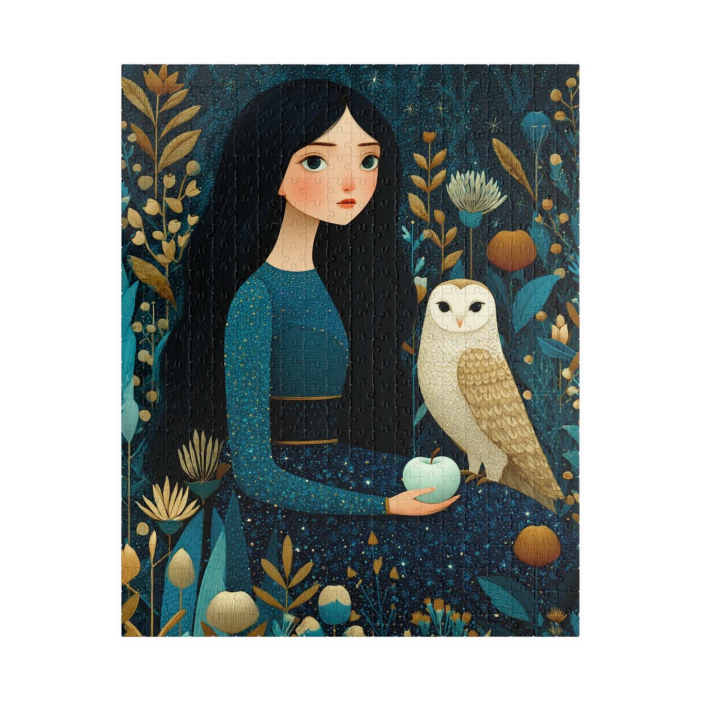 Moonlit Orchard Jigsaw Puzzle – Whimsical Autumn Puzzle for Adults, Girl with Owl and Silver Apples Puzzle The Puzzle Chest