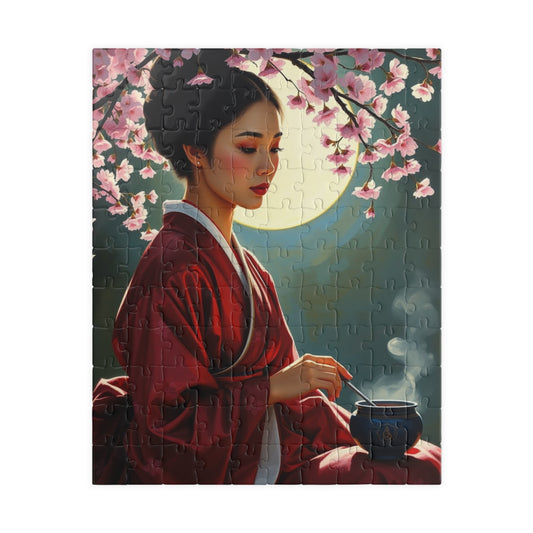 East Asian Cultural Jigsaw Puzzle (110-1014 Piece), Elegant Hanbok-Clad Woman, Traditional Tea Ceremony Under Cherry Blossom Tree, Best Gift 110 pcs (Vertical) Puzzle The Puzzle Chest