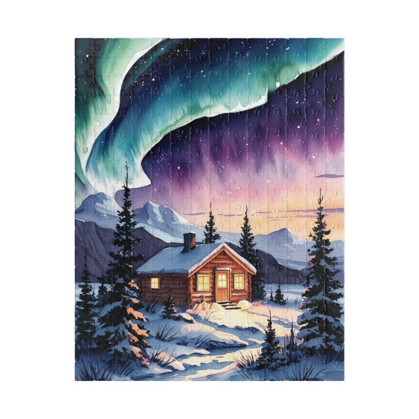 Northern Lights Landscape Puzzle, Aurora Borealis Snowy Cabin Watercolor Jigsaw Game, Hobby, Puzzle Lover Gift, Frameable Art, Relaxation 252 pcs (Vertical) Puzzle The Puzzle Chest