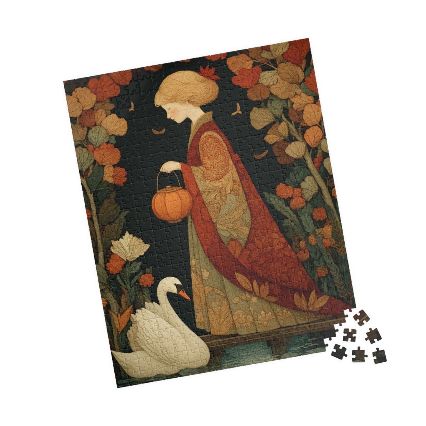 Autumn Bridge Jigsaw Puzzle – Whimsical Fall Fairy-Tale Puzzle for Adults, Girl with Lantern and Swan 520 pcs (Vertical) Puzzle The Puzzle Chest