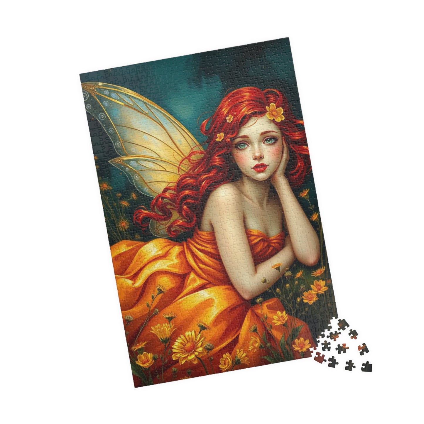 Fairy Dreamscape Jigsaw Puzzle - Red Haired Fairy in Night Wildflower Field 110-1014 Piece Mindful Gift for Family, Friend, Hospital Patient