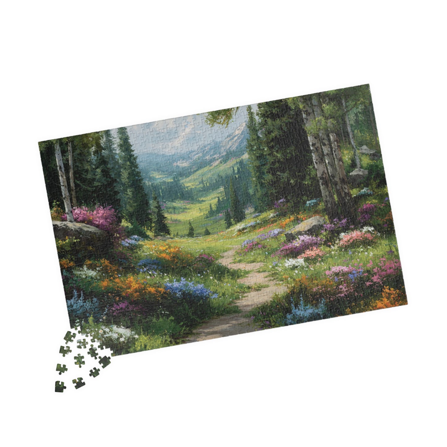 Spring Forest Path Jigsaw Puzzle – Sunlit Wildflower Meadow, Nature Inspired Floral Landscape 1014 pcs (Horizontal) Puzzle The Puzzle Chest