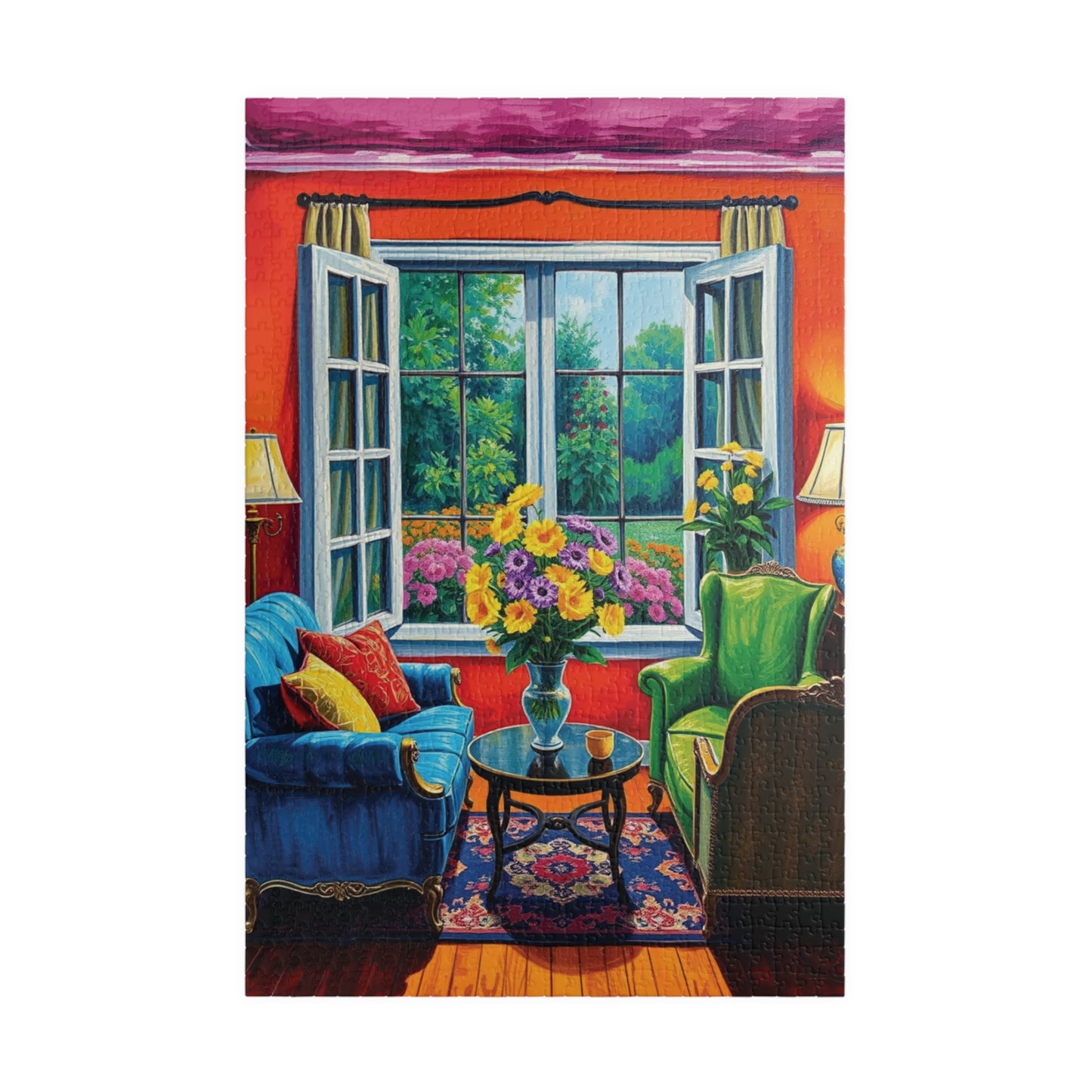 Jigsaw Puzzle, Vibrant Living Room Scene 110 252 520 1014-Piece, Red Orange Blue Green Yellow Purple Floral Wall Art Decor Game Toy, Gift 1014 pcs (Vertical) Puzzle The Puzzle Chest