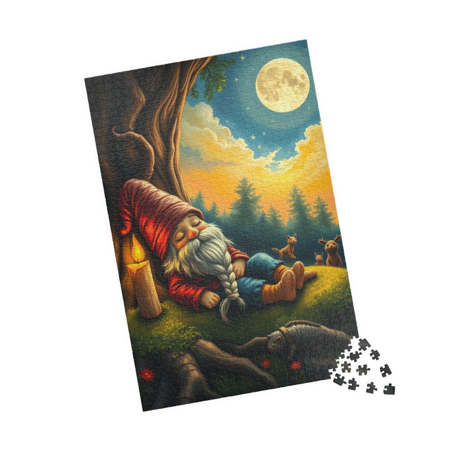 Slumbering Gnome Under the Moonlight Puzzle, Sleepy Gnome Night Scene Animals and Starry Sky, Fantasy Jigsaw Game, Mindful Puzzle Lover Gift Puzzle The Puzzle Chest
