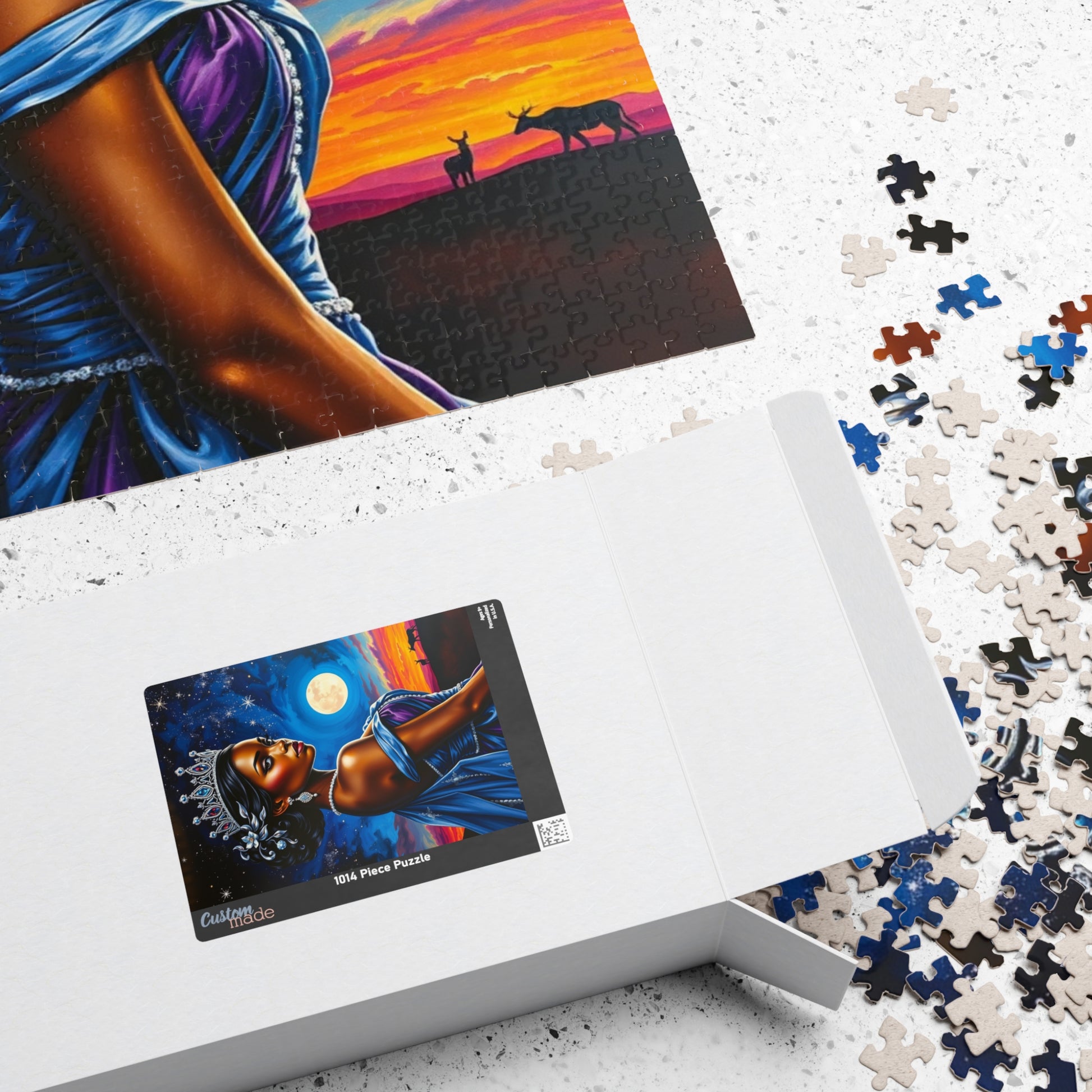 Celestial Themed African Princess Puzzle, Moon Stars Animal Silhouette, Vibrant Blue Afrocentric Game, Mindful Activity, Puzzle Lover Gift Puzzle The Puzzle Chest