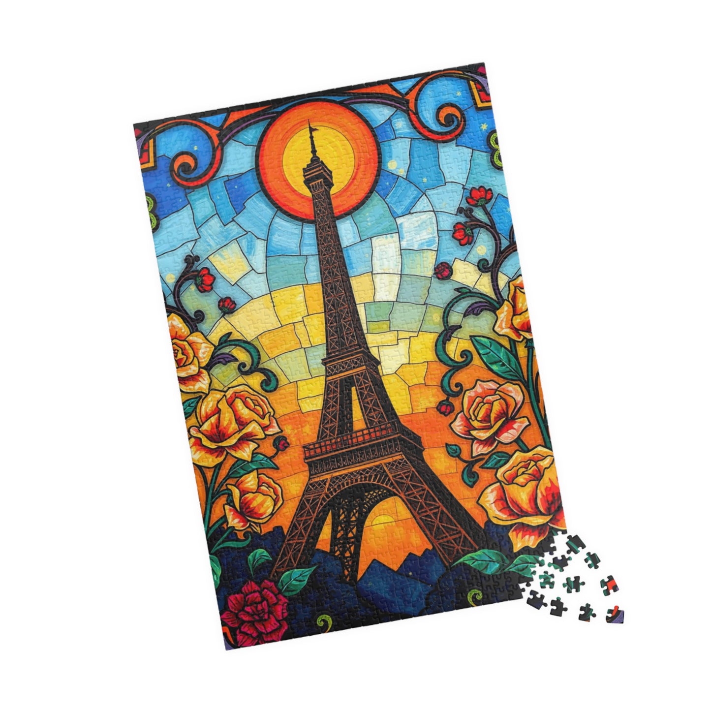 Eiffel Tower Sunset Jigsaw Puzzle, Floral Stained Glass Style, Famous Landmark, Parisian Landscape Art, Relaxing Adult Hobby, Giftable Game Puzzle The Puzzle Chest