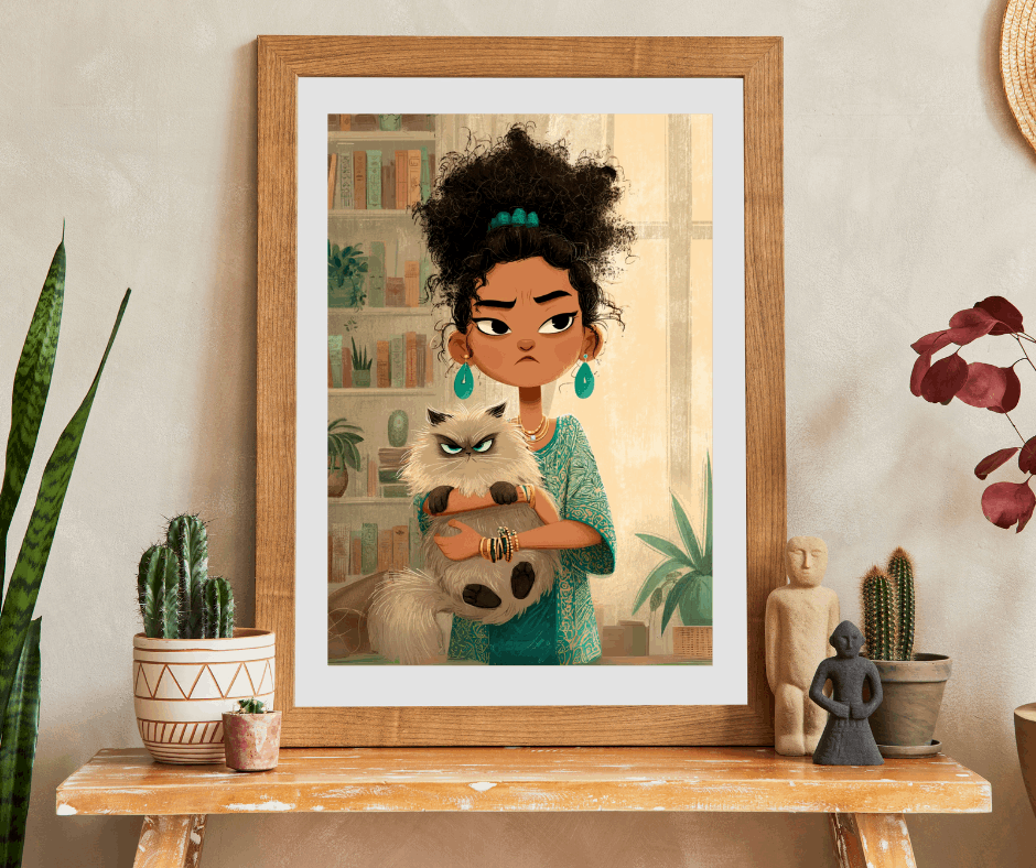 Funny Cat Cartoon Puzzle for Adults - Woman Holding Grumpy Kitten, Watercolor Illustration Puzzle The Puzzle Chest