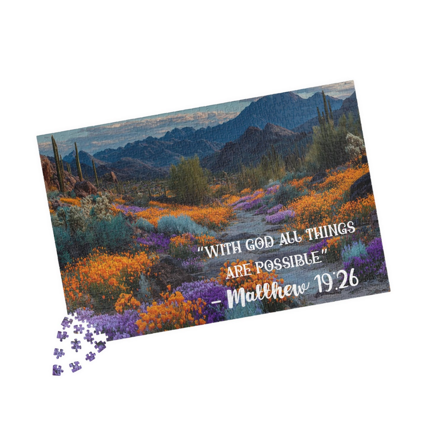 Blooming Desert Jigsaw Puzzle, Inspirational Puzzle Featuring Matthew 19:26 1014 pcs (Horizontal) Puzzle The Puzzle Chest