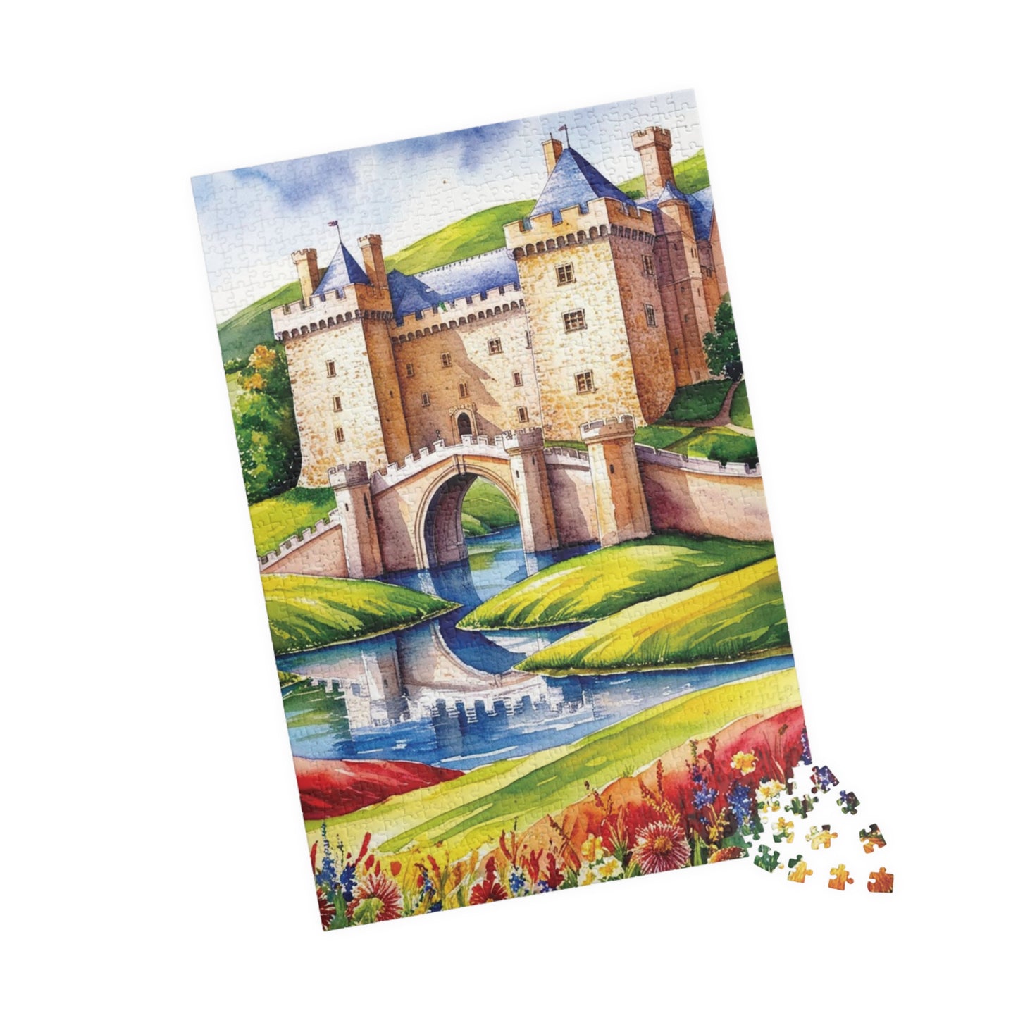 Medieval Castle Landscape Jigsaw Puzzle, Serene Moat Drawbridge Rolling Hills and Colorful Flowers, Challenging Family Game, Mindfulness Puzzle The Puzzle Chest