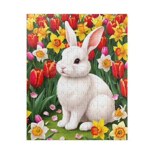 Puzzle - Fluffy Rabbit in Colorful Garden with Tulips and Daffodils, Fun Nature Jigsaw Game, Relaxing Hobby, Easter Gift, Mindful Activity 110 pcs (Vertical) Puzzle The Puzzle Chest
