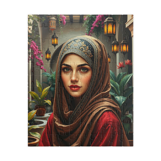 Middle Eastern Cultural Art Jigsaw Puzzle, Woman in Hijab Courtyard Scene, Hanging Lanterns Vibrant Plants, Puzzle Enthusiast Art Lover Gift 110 pcs (Vertical) Puzzle The Puzzle Chest