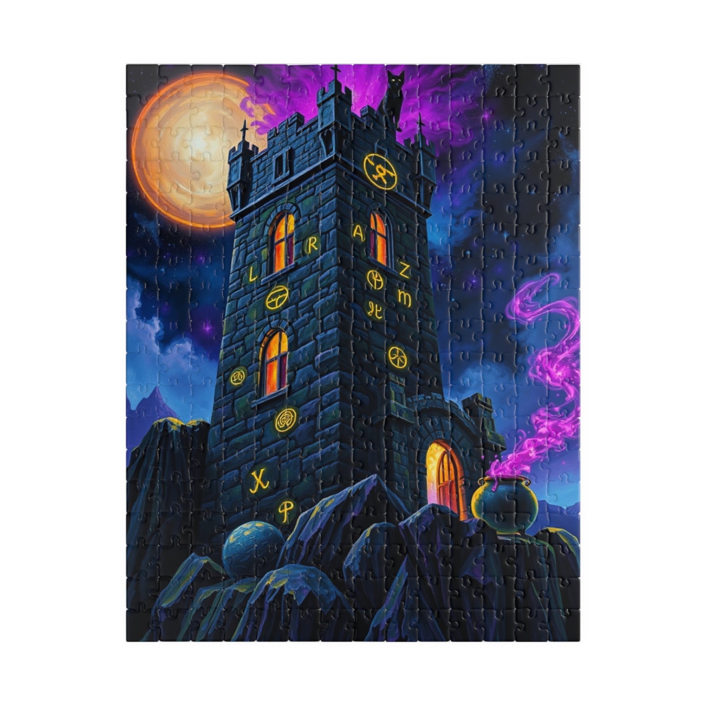 Ethereal Gothic Tower Puzzle, Electric Runes Black Cat Mystical Cauldron and Purple Mist, Magical Symbol Jigsaw Game, Fantasy Art Lover Gift 252 pcs (Vertical) Puzzle The Puzzle Chest