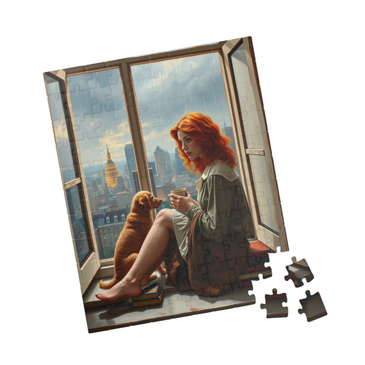 Jigsaw Puzzle, Woman Sitting on Windowsill with Red Hair, Books, Dog, Cityscape, Rainy Sky, 110, 252, 520, 1014-Piece - Relaxing Indoor Puzzle The Puzzle Chest