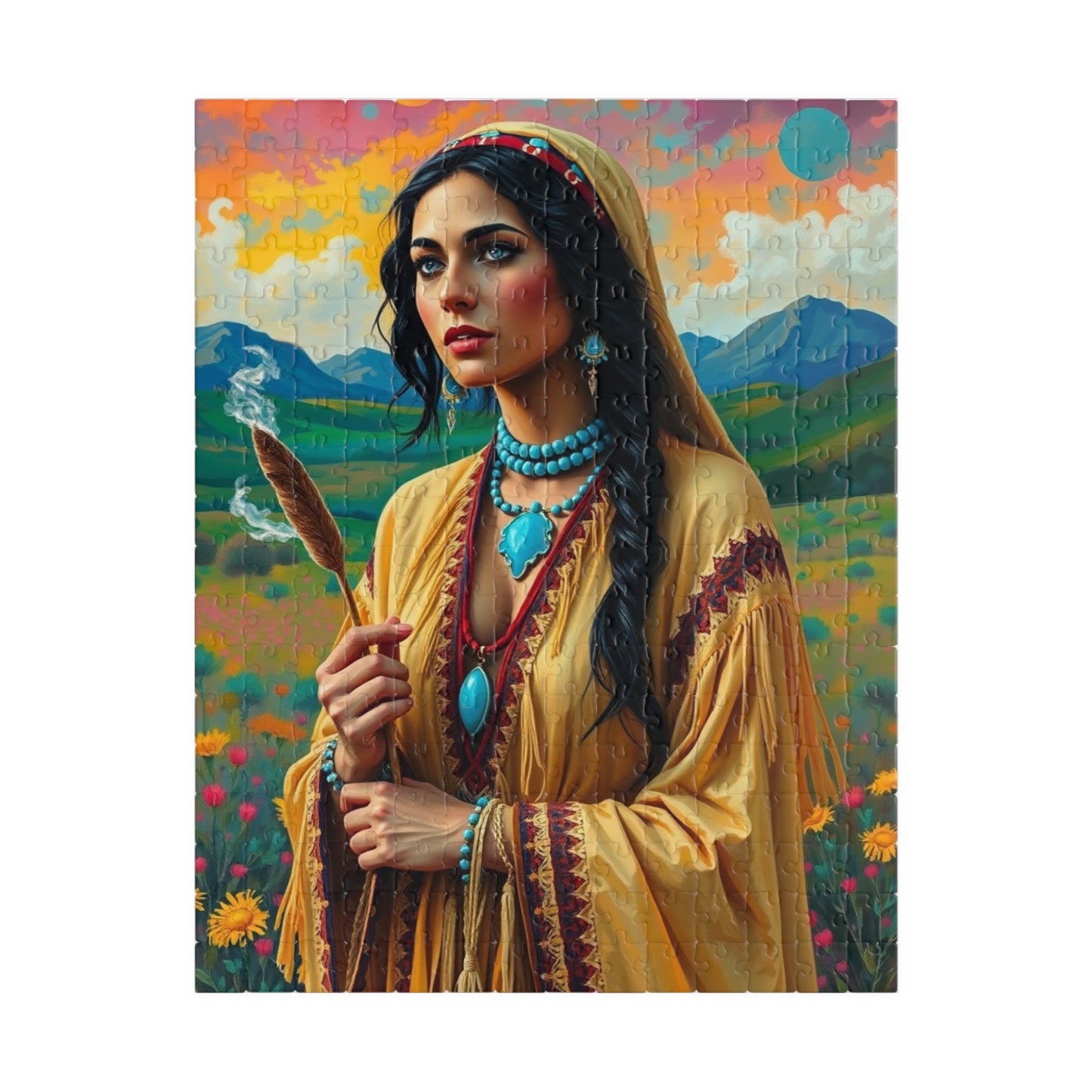 Spiritual Indigenous Bride Puzzle with Turquoise Jewelry and Smudge Stick, Colorful Landscape Wedding Jigsaw Game, Unique Puzzle Lover Gift 252 pcs (Vertical) Puzzle The Puzzle Chest