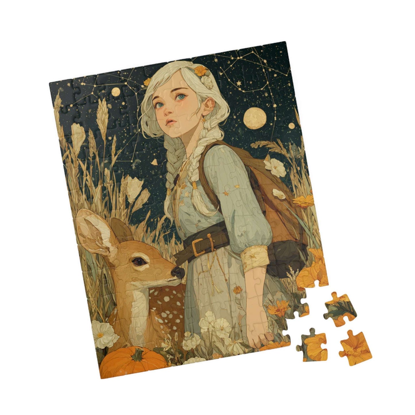 Birch Forest Fairy-Tale Jigsaw Puzzle - Golden Haired Girl and Gentle Deer, Nature Game for Adults, Fall Gift, Family Fun, Brain Teaser 110 pcs (Vertical) Puzzle The Puzzle Chest