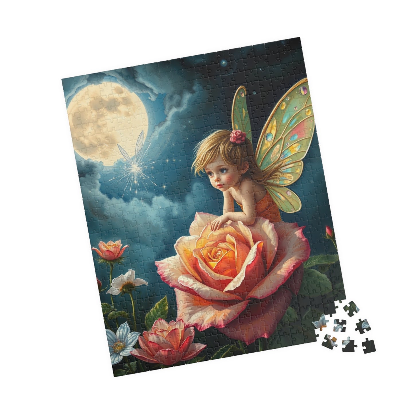 Fairy and Rose Jigsaw Puzzle, Fairy Perched on Dew-Covered Rose in Moonlit Meadow, Brain Teaser, Fun Family Activity, Fantasy Lover Gift Puzzle The Puzzle Chest
