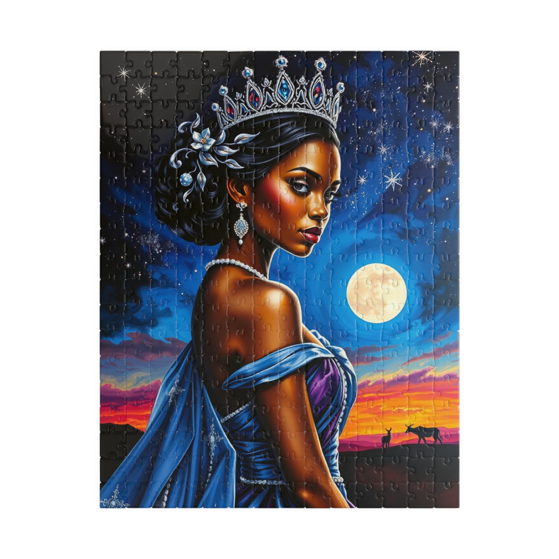 Celestial Themed African Princess Puzzle, Moon Stars Animal Silhouette, Vibrant Blue Afrocentric Game, Mindful Activity, Puzzle Lover Gift 252 pcs (Vertical) Puzzle The Puzzle Chest