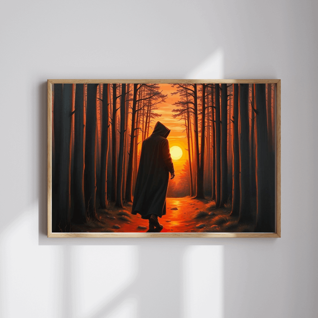 The Silent Passage Jigsaw Puzzle - Cloaked Figure Hollow Grove Eerie Sunset, Gothic Puzzle, Moody Landscape Puzzle, Dark Fantasy Art Puzzle Puzzle The Puzzle Chest