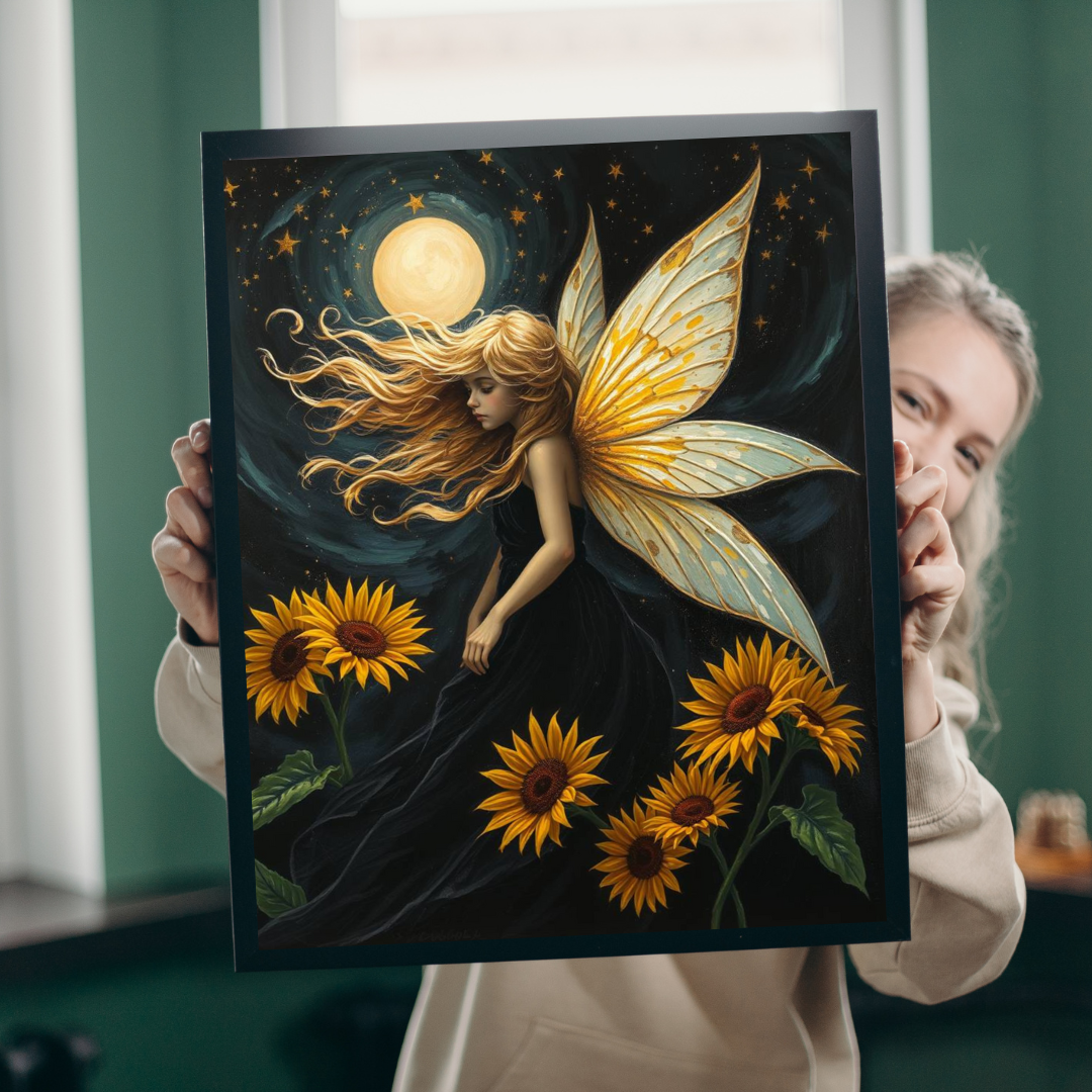 Moonlit Fairy in Sunflower Sky - Ethereal Fantasy Art Jigsaw Puzzle for Solo Fun, Unique Puzzle Lover Gift, Home Decor, Family Activity