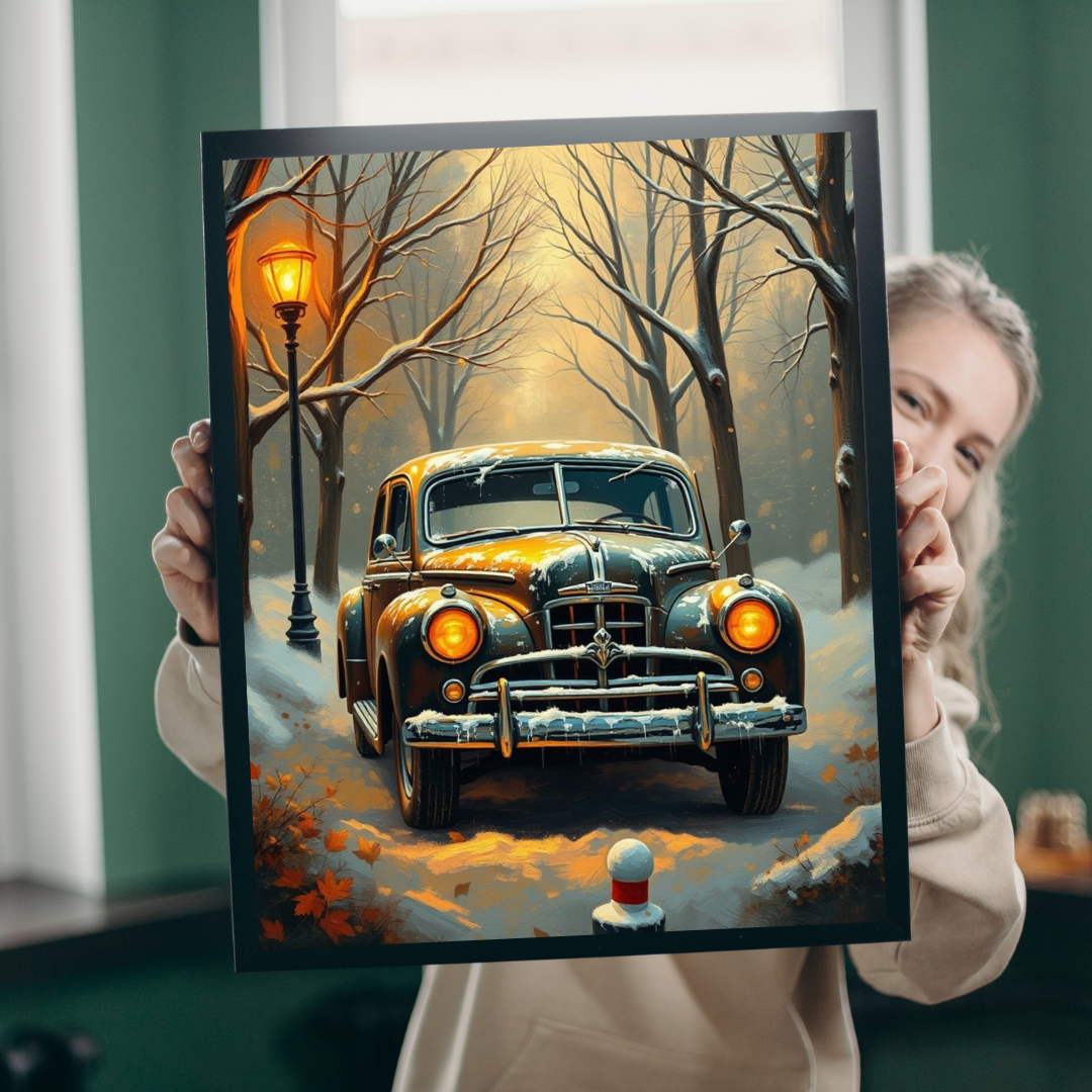 Vintage Car Jigsaw Puzzle Winter Scene, 110 252 520 1014-piece, Christmas Gift, Holiday Activity, Snowy Day Activity, Car Lover Gift, Retro Puzzle The Puzzle Chest