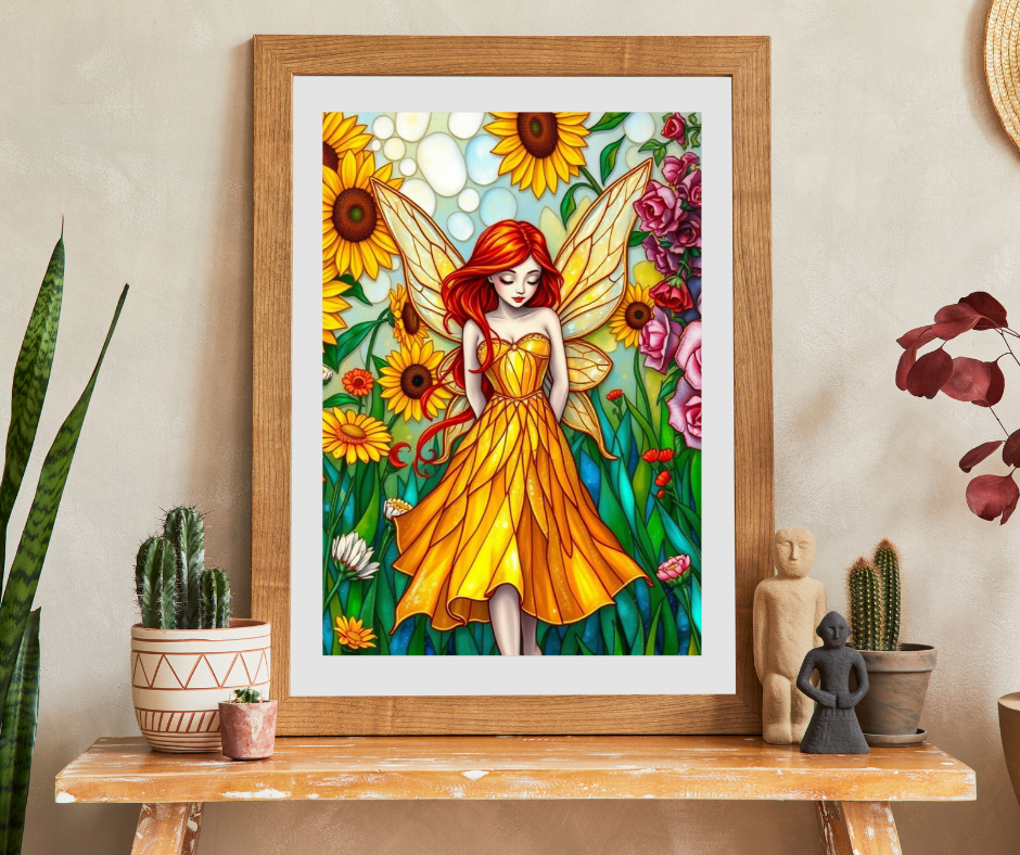 Fairy Sunflower Jigsaw Puzzle - Stained Glass Style, 110/252/520/1014-Piece, Hobby Game, Gift for Fantasy Lover Birthday Holiday