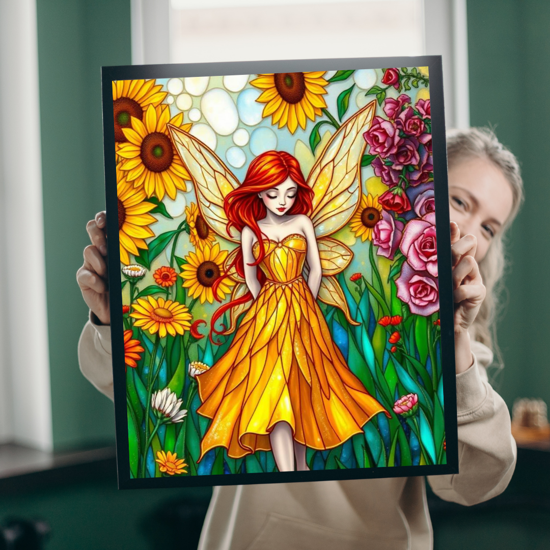 Fairy Sunflower Jigsaw Puzzle - Stained Glass Style, 110/252/520/1014-Piece, Hobby Game, Gift for Fantasy Lover Birthday Holiday