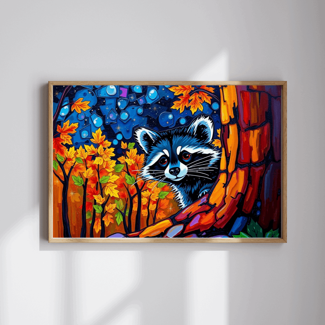 Autumn Nightscape Raccoon Puzzle, Colorful Nature Jigsaw for Solo or Family Fun, Birthday Gift for Animal Lover, Cozy Night In Entertainment