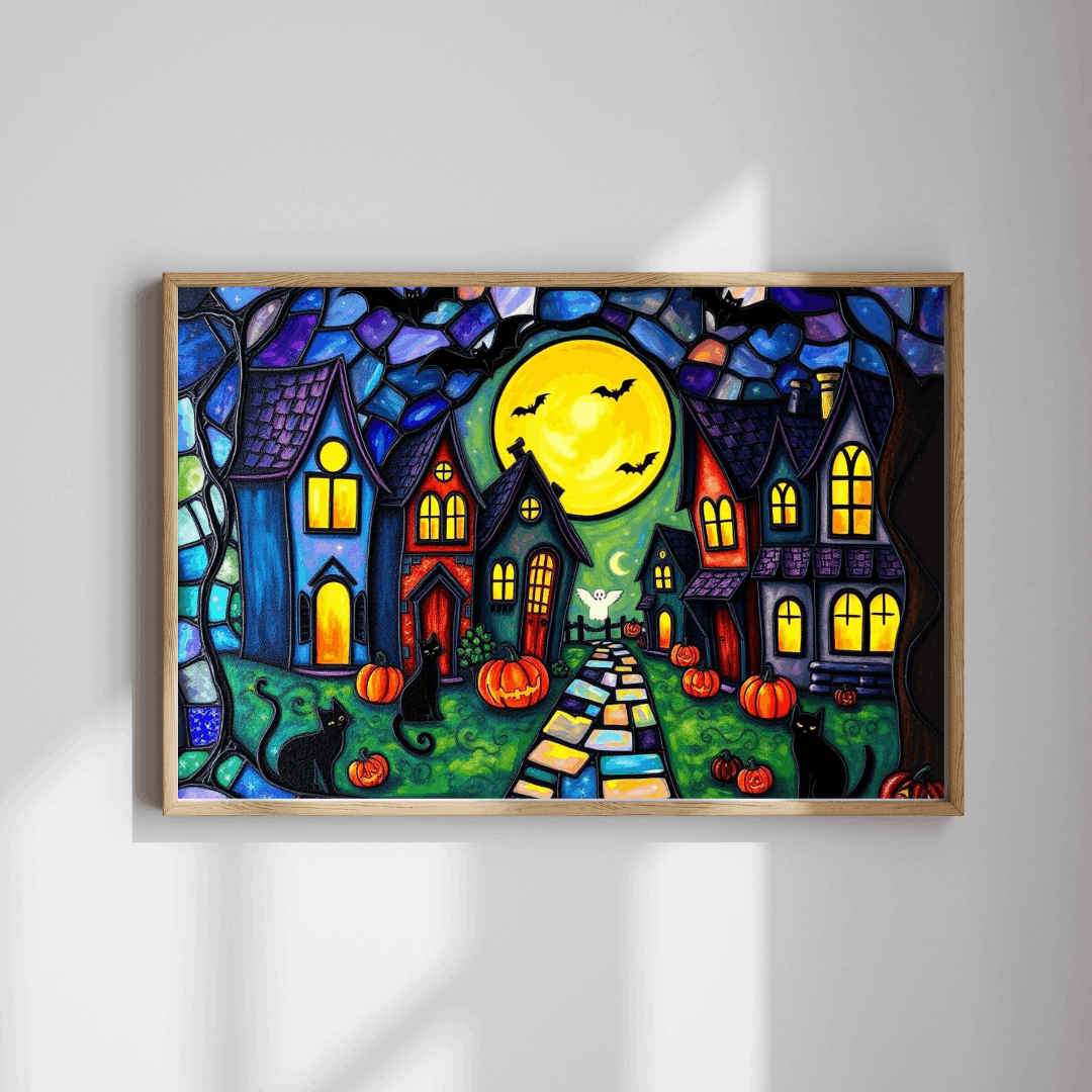 Halloween Puzzle for Adults - Spooky Village Black Cat Scene