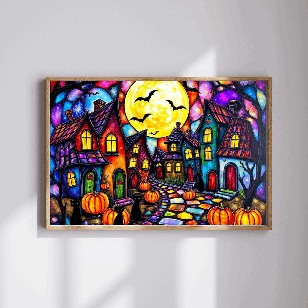 Spooky Night Village Jigsaw Puzzle, Halloween Themed Black Cat Puzzle Stained Glass Style