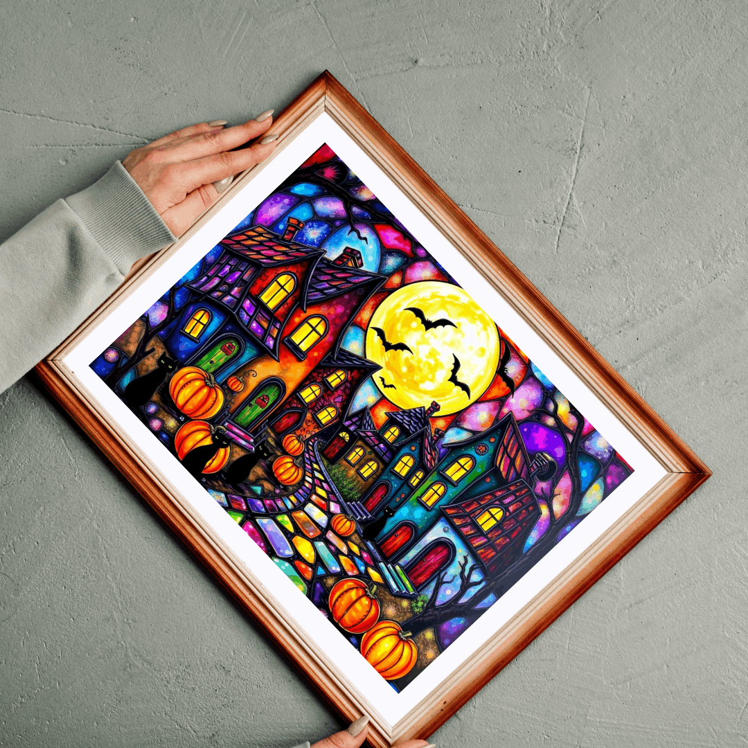 Spooky Night Village Jigsaw Puzzle, Halloween Themed Black Cat Puzzle Stained Glass Style