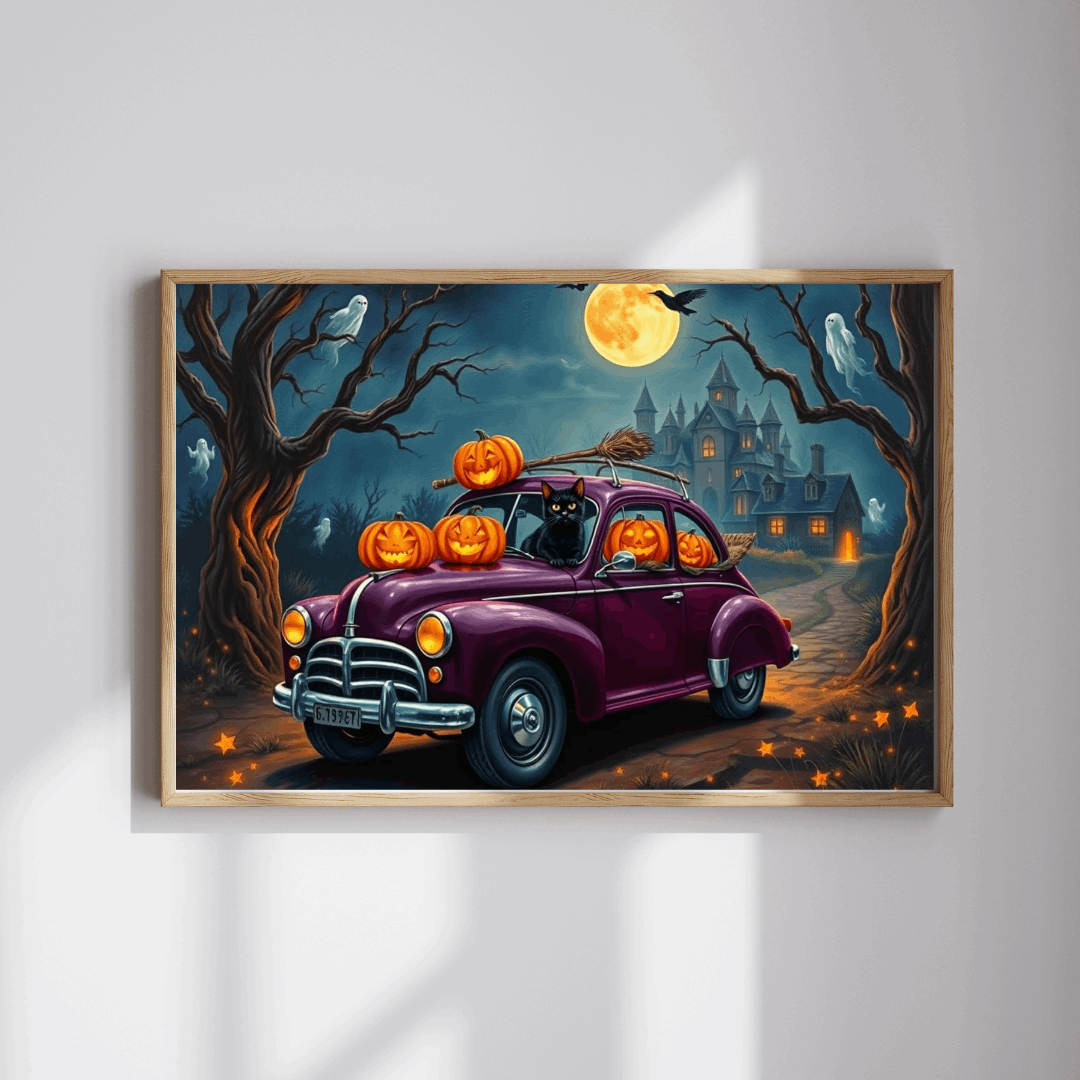 Halloween-Themed Vintage Car Jigsaw Puzzle with Cats, Ghosts and Pumpkins