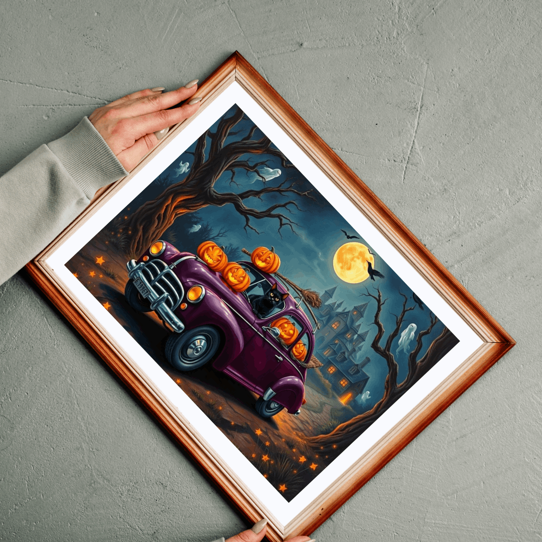 Halloween-Themed Vintage Car Jigsaw Puzzle with Cats, Ghosts and Pumpkins