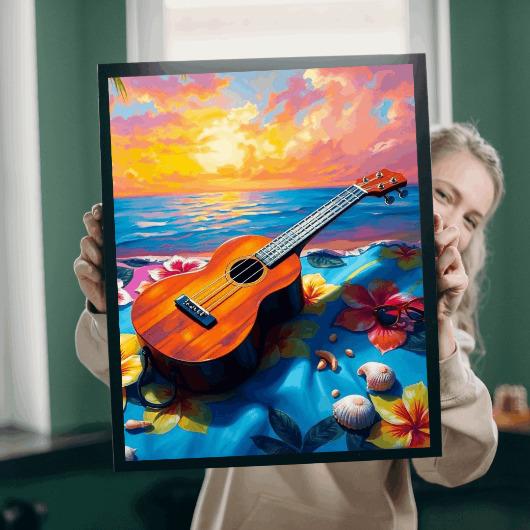 Ukulele Beach Vibes Jigsaw Puzzle - Tropical Hibiscus Towel, Seashells & Sunglasses, Holiday Birthday Gift for Music Lover, Musician