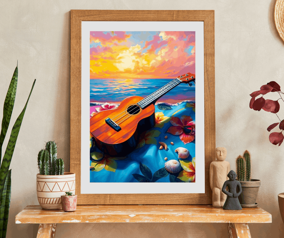 Ukulele Beach Vibes Jigsaw Puzzle - Tropical Hibiscus Towel, Seashells & Sunglasses, Holiday Birthday Gift for Music Lover, Musician
