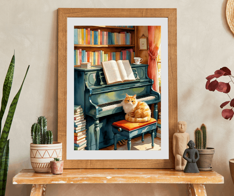 Cozy Piano Reading Nook Jigsaw Puzzle, Birthday Gift for Book Lover, Cat Mom, Piano Teacher & Music Fan, Cat Themed Puzzle, Indoor Activity