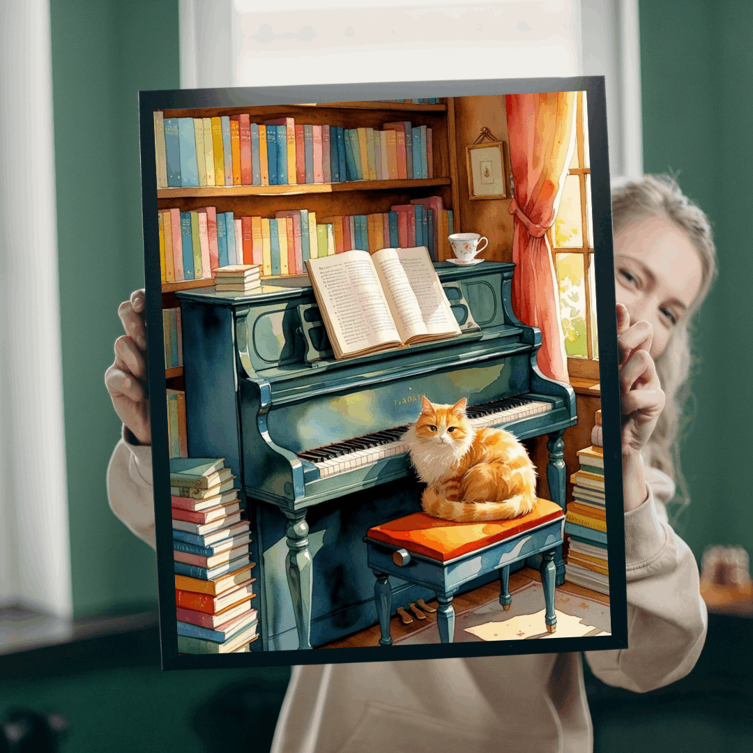 Cozy Piano Reading Nook Jigsaw Puzzle, Birthday Gift for Book Lover, Cat Mom, Piano Teacher & Music Fan, Cat Themed Puzzle, Indoor Activity